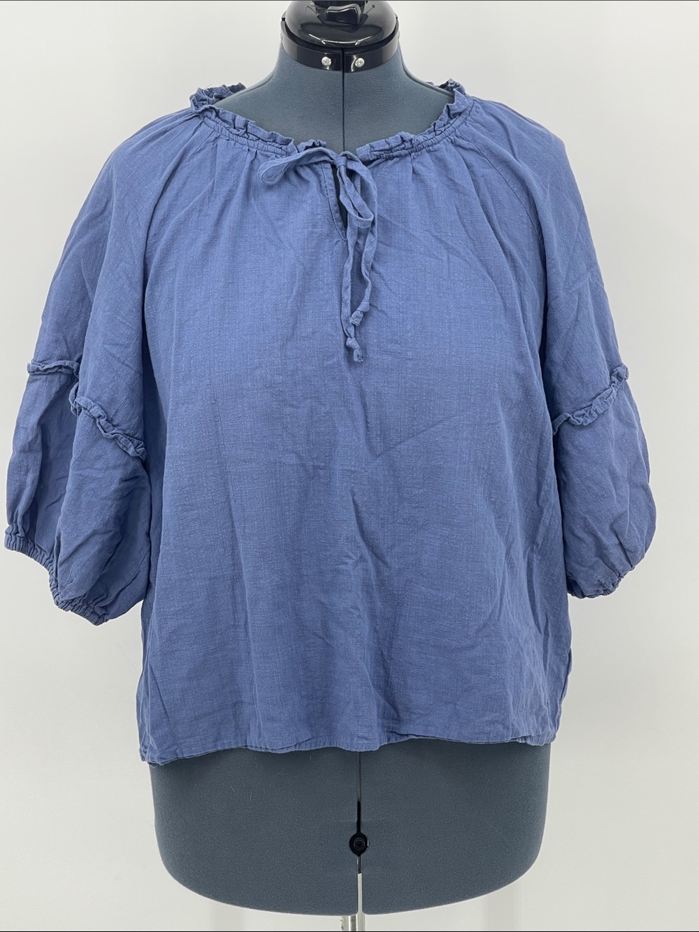 a.n.a Blue Tie-Neck Peasant Blouse
